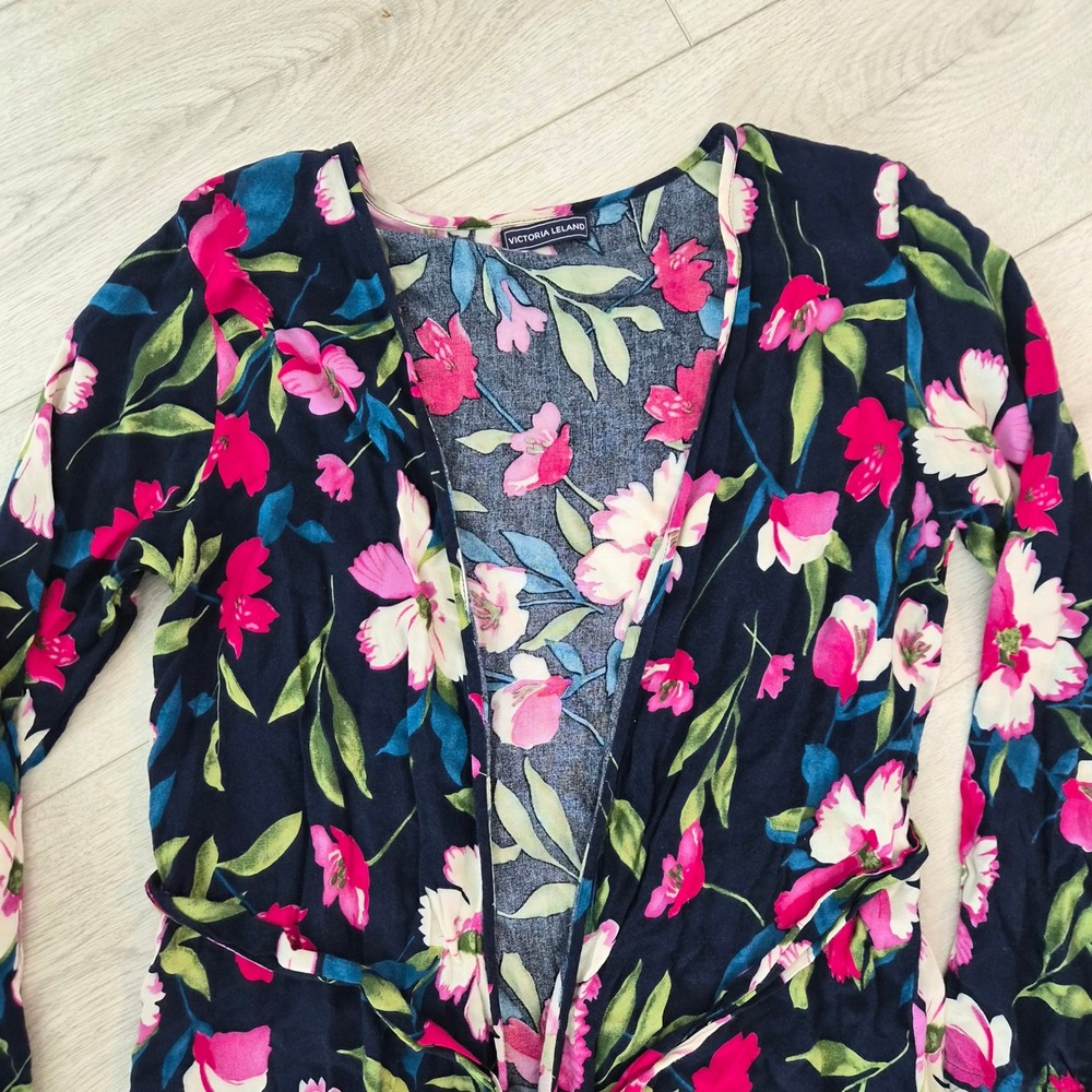 Victoria Leland Floral Duster Cardigan Navy Pink Viscose Tie Waist OS Whimsigoth - Picture 5 of 11